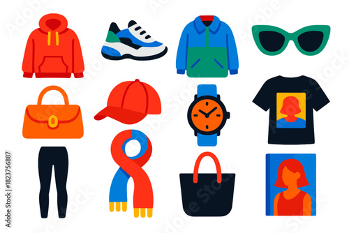 Modern Fashion Icons. Flat vector icons of modern trends: streetwear hoodie, sneakers, oversized jacket, statement sunglasses,