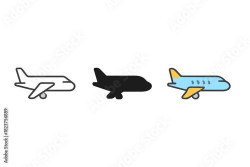 Stylized Airplane Icons. Minimalist airplane travel icon: three identical airplanes in side view in a row, first in line style