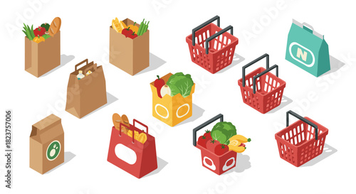 Isometric grocery shopping icons: baskets, bags, and fresh produce essentials