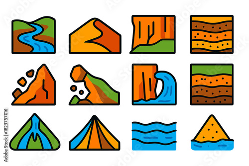 Erosion Icons Collection. Flat vector icons of erosion and sedimentation: riverbed, sand dune, cliff face, sediment layers,