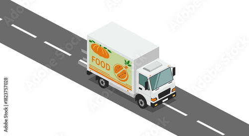 Isometric food delivery truck on road with fresh produce design