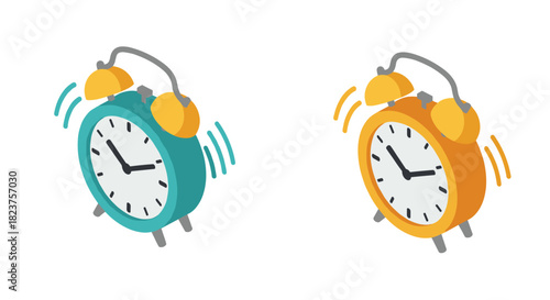 Vibrant isometric alarm clocks with motion effect on white background