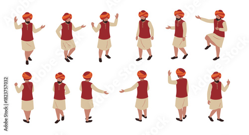 Traditional indian man with turban in various poses on white background