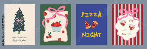 Christmas card designs set. Modern winter template cute hand drawn vector elements. Vintage italian whimsical style. Cin cin. La dolce Vita. Merry Christmas and Happy New Year.