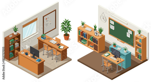 Isometric classroom design with desks, plants, and chalkboard in modern style