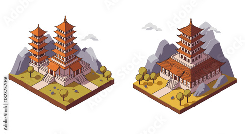 Traditional asian pagodas in scenic isometric landscape with mountains and trees