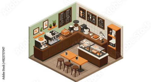 Cozy isometric coffee shop interior with pastries and modern decor