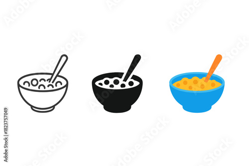 Minimalist Cereal Icons. Minimalist cereal breakfast icon: three identical bowls of cereal with a spoon inside in a row, first in