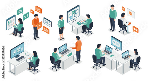 Modern isometric office scenes depicting team collaboration and technology integration