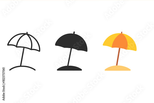 Minimalist Beach Umbrellas. Minimalist beach umbrella icon: three identical umbrellas with stands on sand in a row, first in line