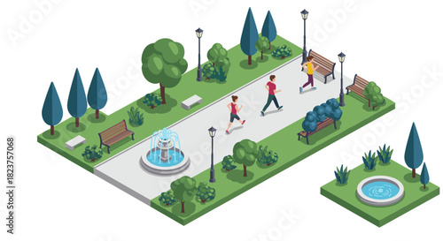 Isometric park scene with joggers and fountain in a green urban setting