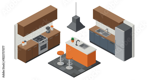 Modern isometric kitchen interior with appliances and island design