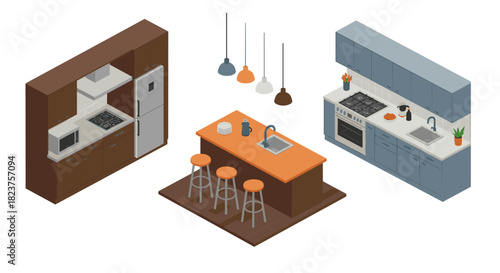 Modern isometric kitchen design with appliances and island furniture