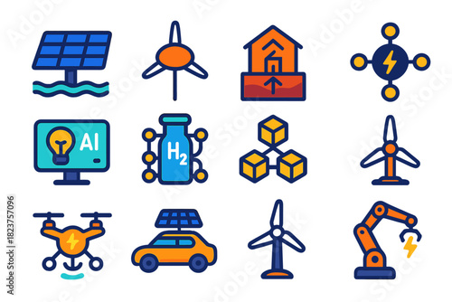 Futuristic Energy Icons. Flat vector icons of futuristic energy tech: floating solar array, airborne wind turbine, geothermal