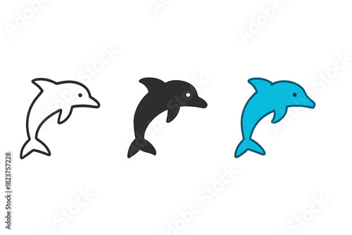 Dolphin Icon Trio. Minimalist dolphin animal icon: three identical dolphins jumping in side view in a row, first in line style