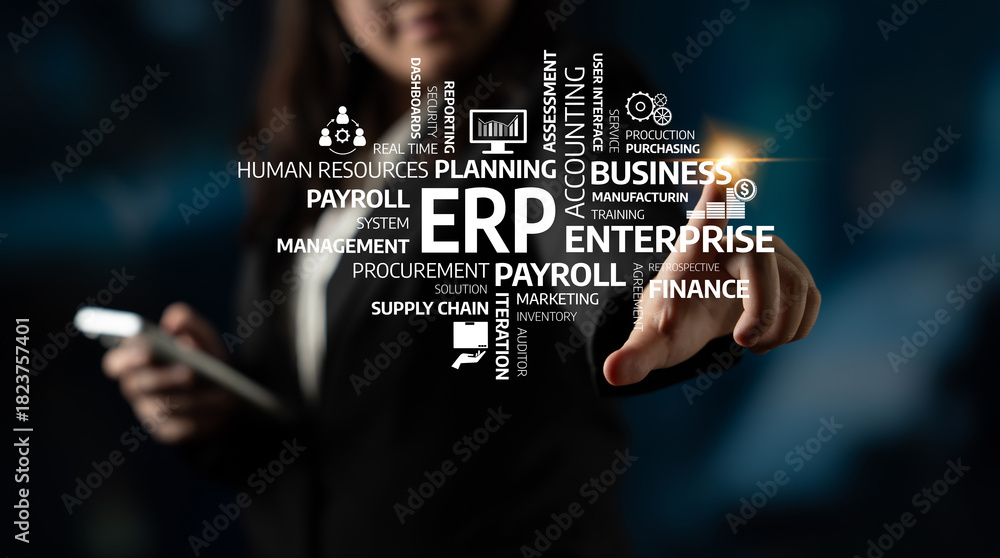 Naklejka premium A business professional interacts with enterprise resource planning concepts on a touchscreen, showcasing technology role in modern management and efficiency. Tessel
