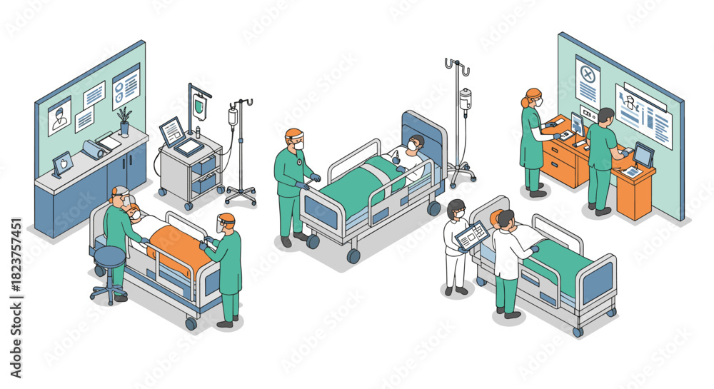 Obraz premium Isometric hospital ward scene with medical staff and patients in modern healthcare setting