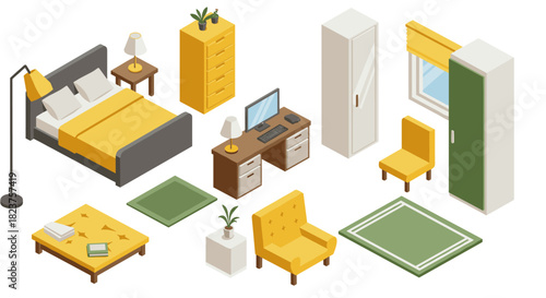 Modern isometric furniture set for bedroom and office interiors