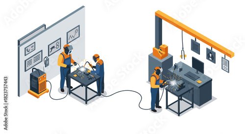 Isometric industrial workshop with workers welding and using modern equipment