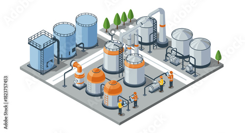 Isometric industrial plant with workers and machinery in a modern setting