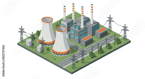 Isometric nuclear power plant with cooling towers and high voltage towers