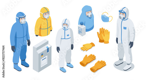 Isometric protective gear collection with biohazard suits and masks