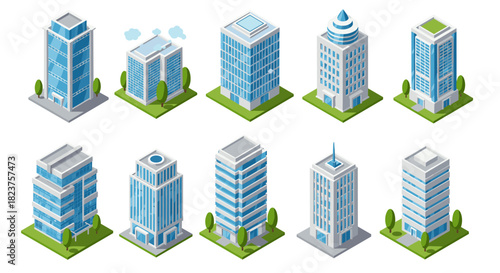 Isometric office buildings set on grass plots featuring modern architectural styles