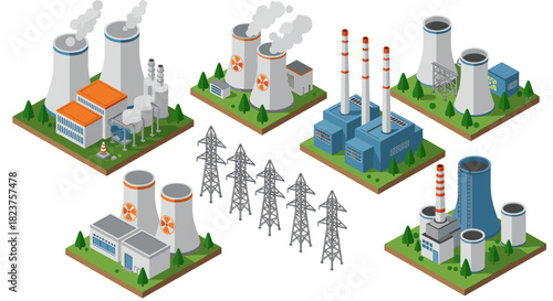 Isometric power plants: nuclear energy facilities and cooling towers