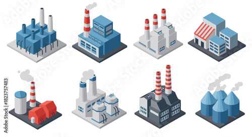 Isometric industrial buildings set featuring factories with smokestacks