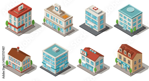 Isometric buildings set: hospitals, pharmacies, modern architectural design