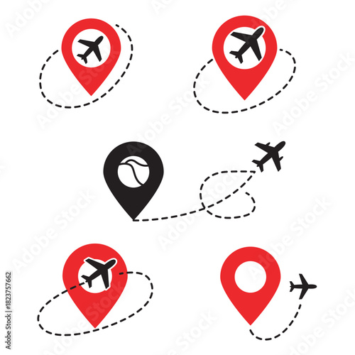 Travel icons depicting airplanes map markers and flight paths on white background