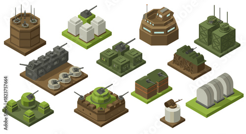 Isometric military bunkers and defense structures in strategic gameplay design