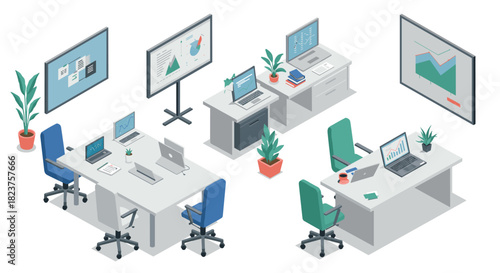 Modern isometric office workspace with desks and computers
