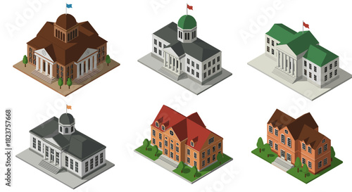 Isometric set of classic government and university buildings with flags
