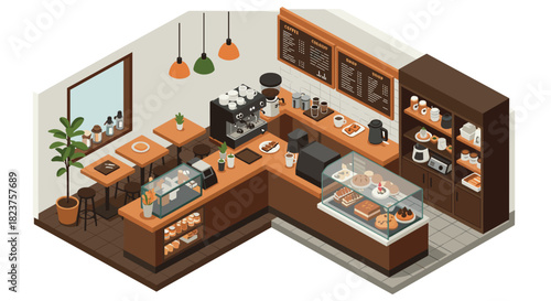 Isometric coffee shop interior design with modern furniture and decor