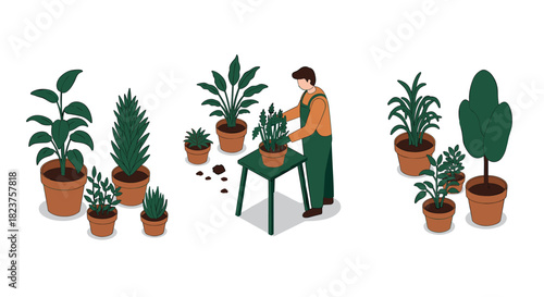 Gardening enthusiast repotting indoor plants in decorative pots