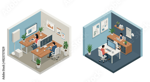 Isometric office design with modern workspace and team collaboration