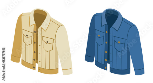 Isometric denim jackets: casual fashion in dual tones on white background