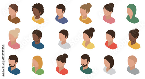 Diverse group of people in isometric style with various hair and clothing