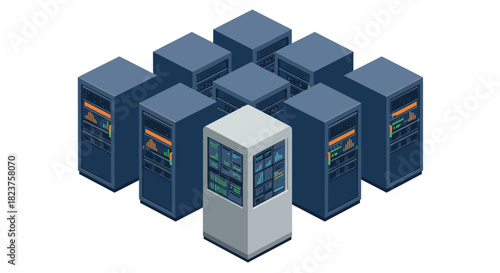 Isometric data center servers network with digital panels and modern design