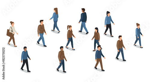 Diverse group of people walking isometrically on a white background