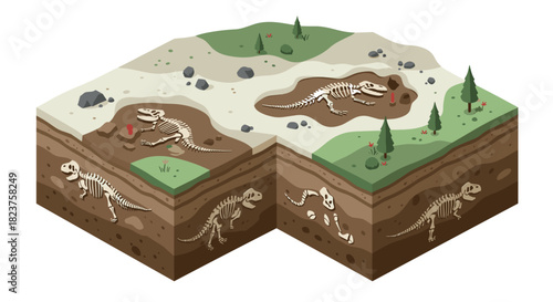 Isometric fossil layers displaying dinosaur skeletons in natural geological cross-section