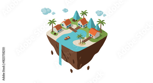 Floating island with tropical village and waterfall in 3d art style