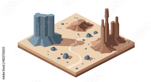 Isometric desert landscape with rock formations and rocky terrain