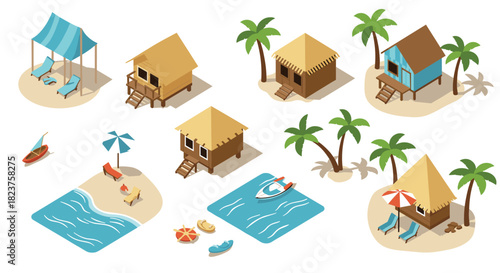 Isometric beach resort cottages with palm trees and loungers for a tropical vacation