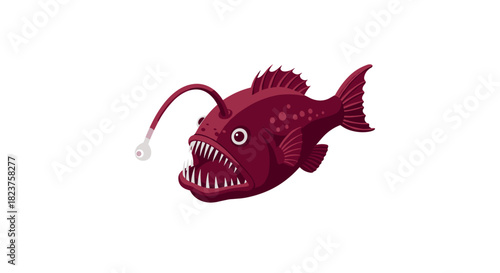 Deep sea anglerfish with bioluminescent light on white background
