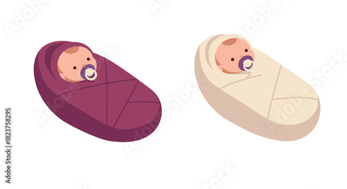 Adorable newborn babies in swaddles with pacifiers on white background