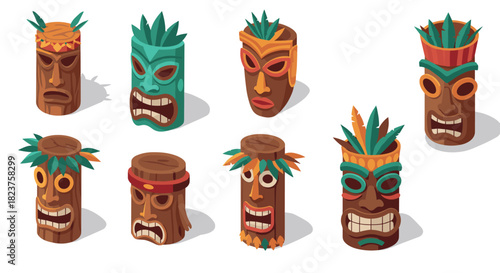 Colorful tiki masks collection with tribal designs and tropical elements
