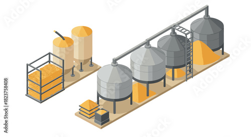 Isometric grain silos and storage facility with conveyors and yellow corn