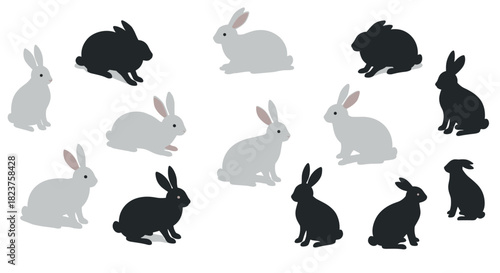 Flat style pattern of black and white rabbits on white background